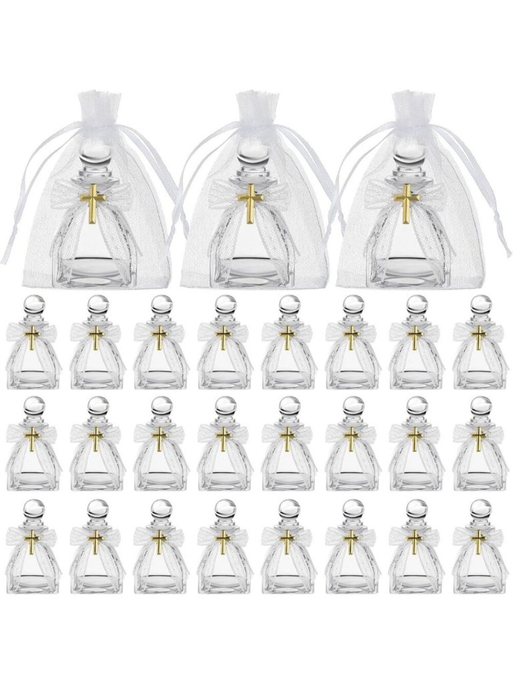 24 Set Clear Holy Water Bottles 50ml with Cross Pin & Lace Bow for Baptism